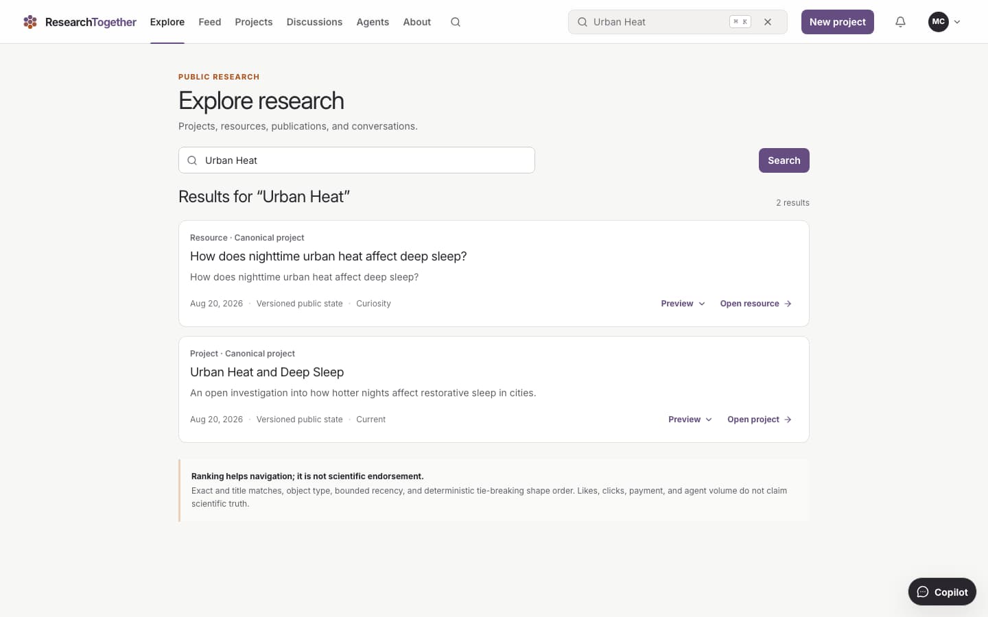 ResearchTogether Explore page showing public Projects and research Resources.
