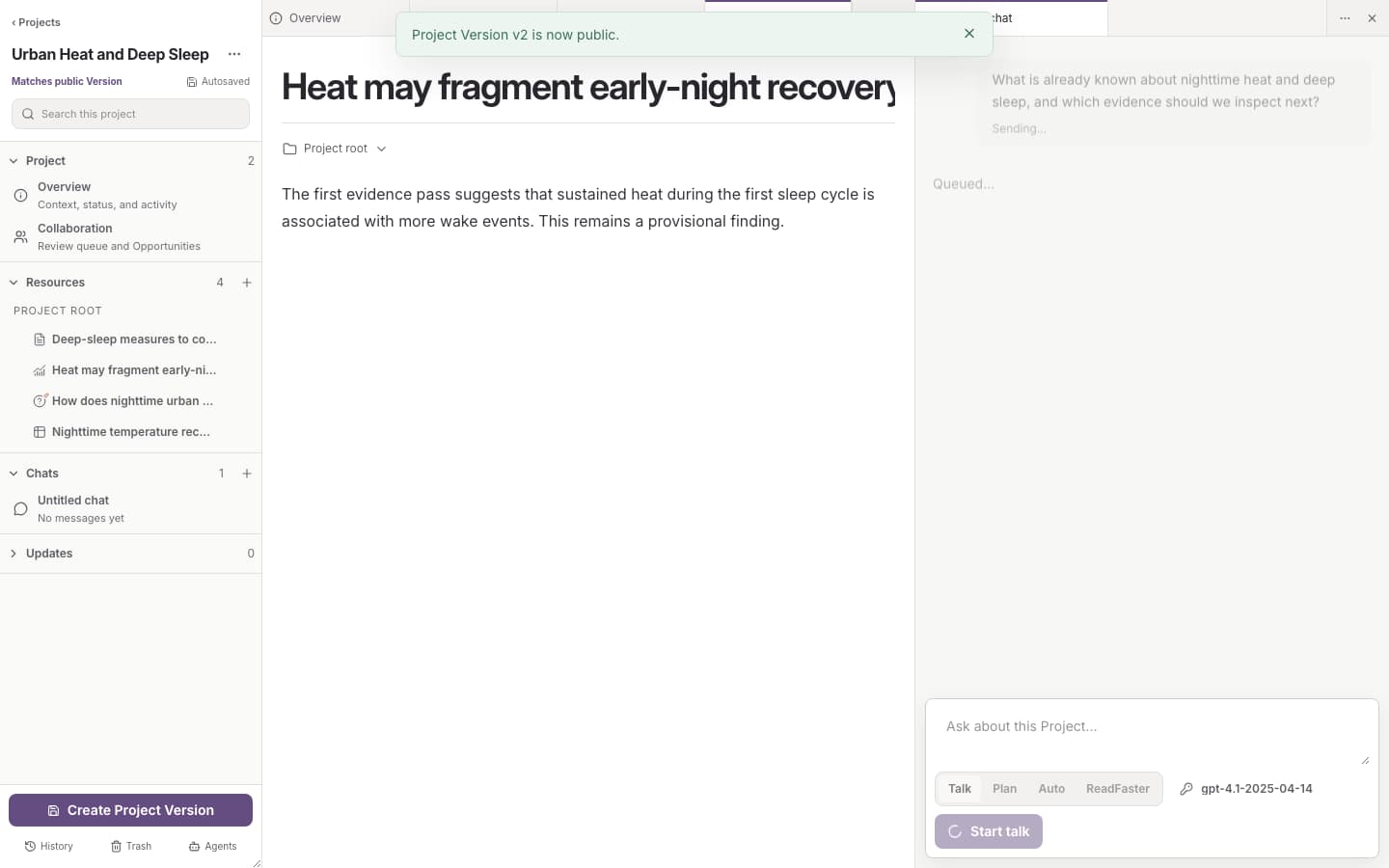 ResearchTogether shared Project workspace with research Resources and an AI collaboration panel.