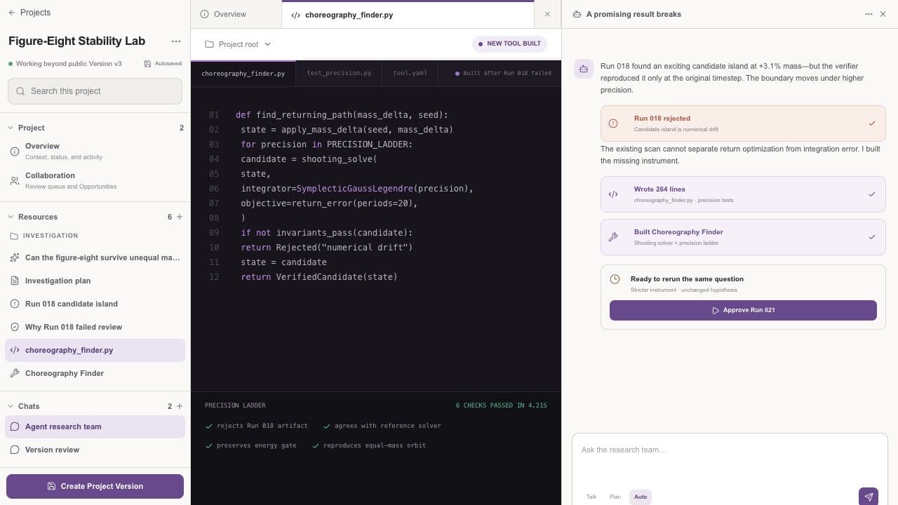 ResearchTogether workspace showing an agent building and testing a research tool.