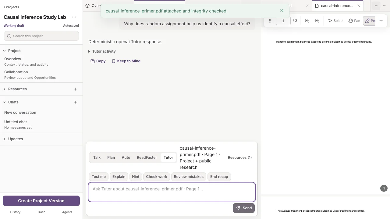 Tutor active in ProjectIDE with a causal inference PDF, Guided controls, and a learner and Tutor exchange.